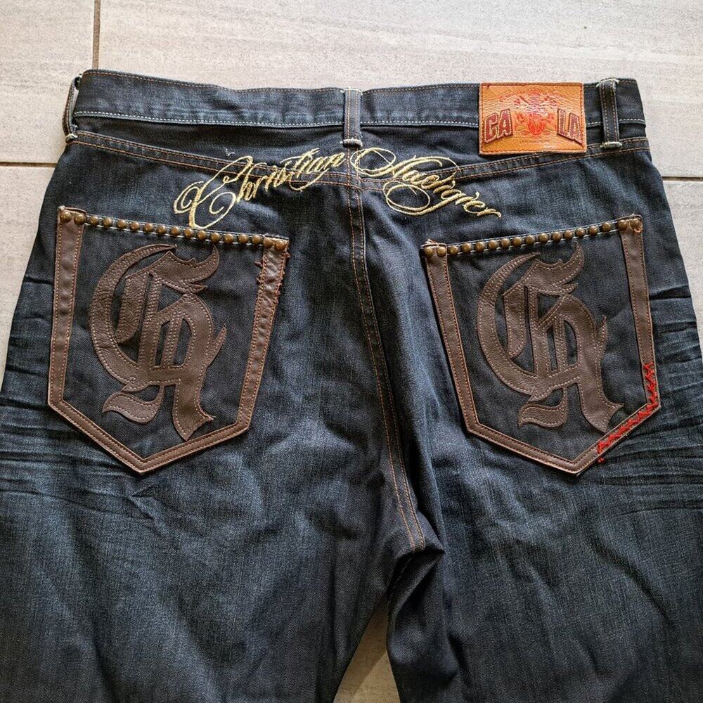 %Christian Audigier Vintage Y2K Embroidered Baggy Jeans - 38x34 / J1